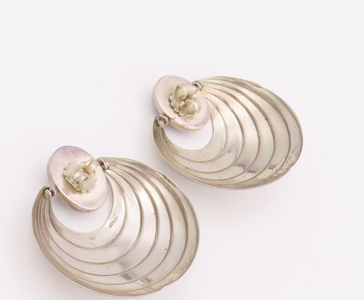 14k Gold 925 Sterling Silver Vintage Earrings Domed Grooved Oval Onyx  EG12927