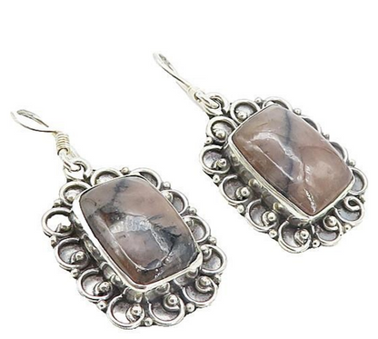 925 Sterling Silver  Vintage Cabochon Cut Agate Floral Dangle Earrings  EG3776