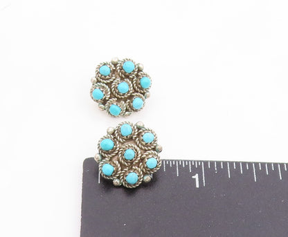 925 Sterling Silver Vintage Earrings NAVAJO Round Turquoise Floral Stud  EG14035