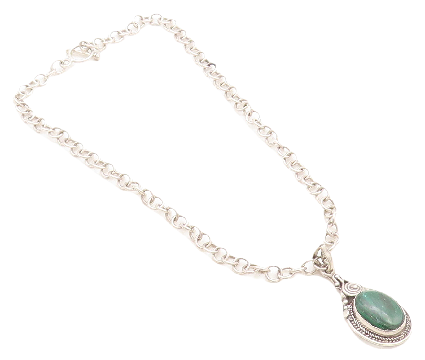 925 Sterling Silver Vintage Cabochon Cut Malachite Chain Necklace NE1460