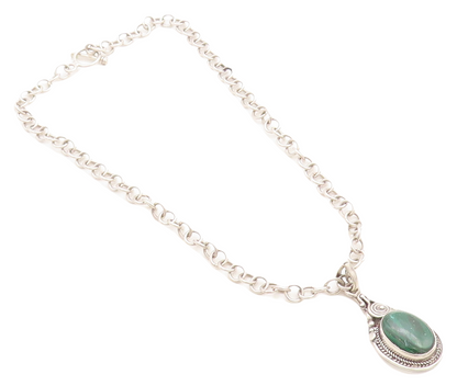 925 Sterling Silver Vintage Cabochon Cut Malachite Chain Necklace NE1460