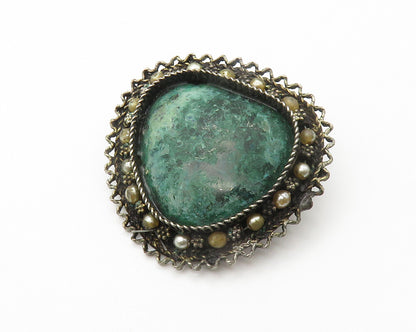 ISRAEL 925 Silver  Vintage Eilat Stone & Petite Pearls Brooch Pin  BP5498