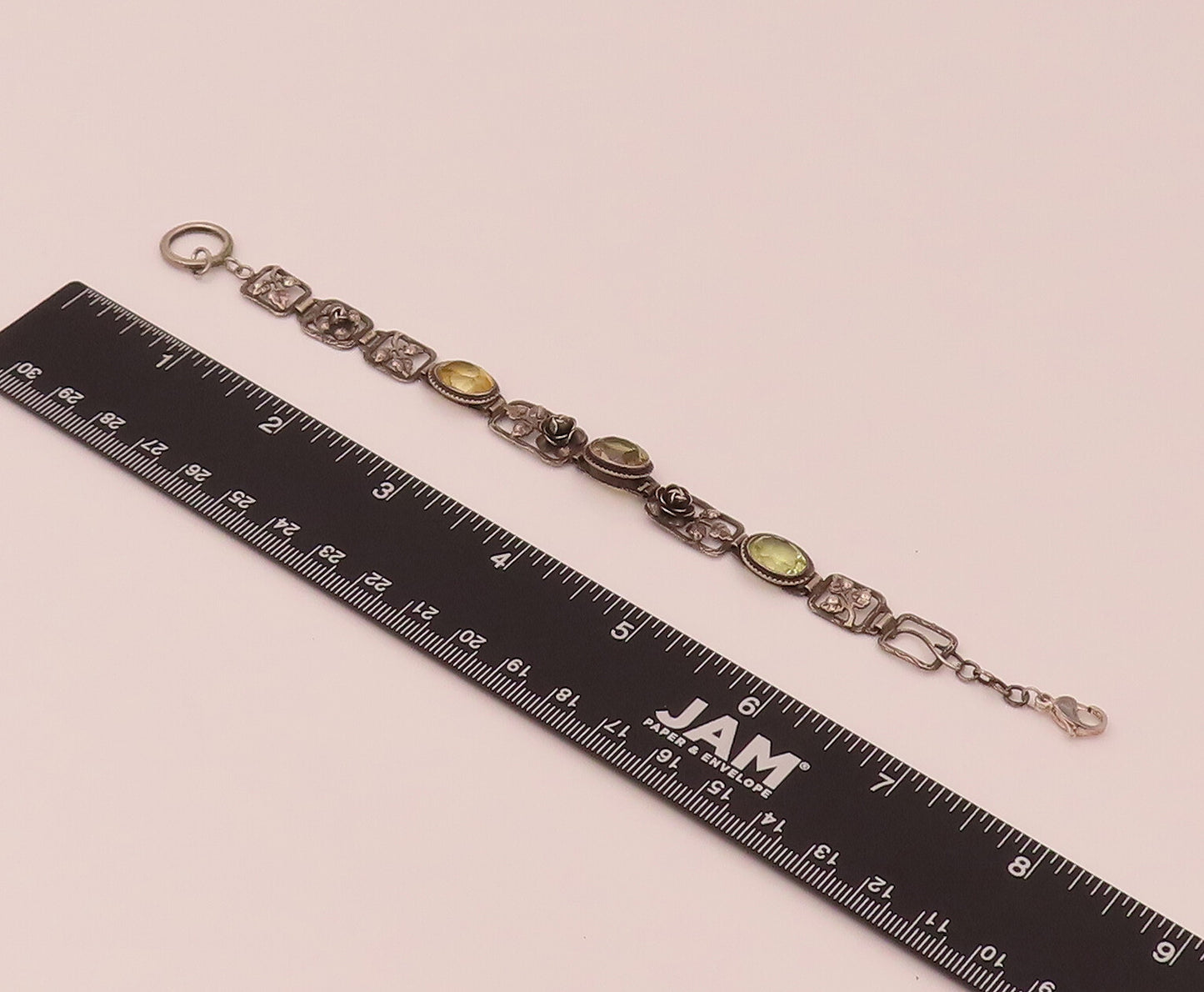 GERMANY 925 Silver  Vintage Rose & Leaf stencil Cutout Citrine Bracelet BT9839