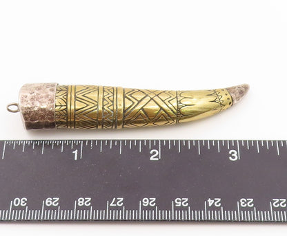 925 Sterling Silver Vintage Pendant Two Tone Geometric Engraved Horn  PT26466