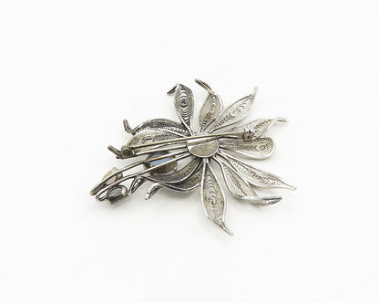 ENZELL 925 Silver  Vintage Blue Cat's Eye Stone Filigree Brooch Pin  BP7139