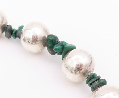925 Sterling Silver Vintage Necklace MEXICO Beads & Malachite  NE4475