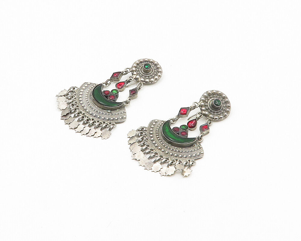 925 Sterling Silver  Vintage Red & Green Topaz Chandelier Earrings  EG9432