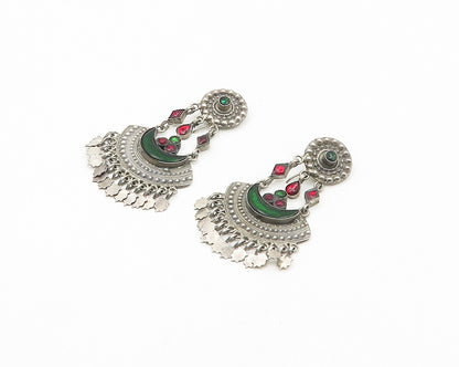 925 Sterling Silver  Vintage Red & Green Topaz Chandelier Earrings  EG9432