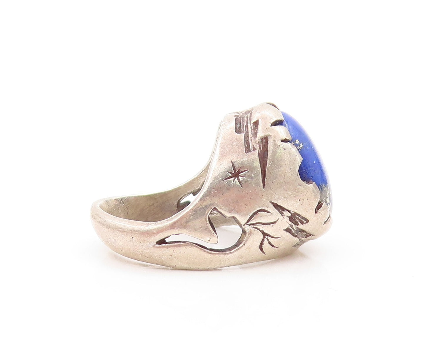 925 Sterling Silver Vintage Ring Solid Carved Band Lapis Lazuli  Sz 5  RG31811