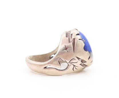925 Sterling Silver Vintage Ring Solid Carved Band Lapis Lazuli  Sz 5  RG31811
