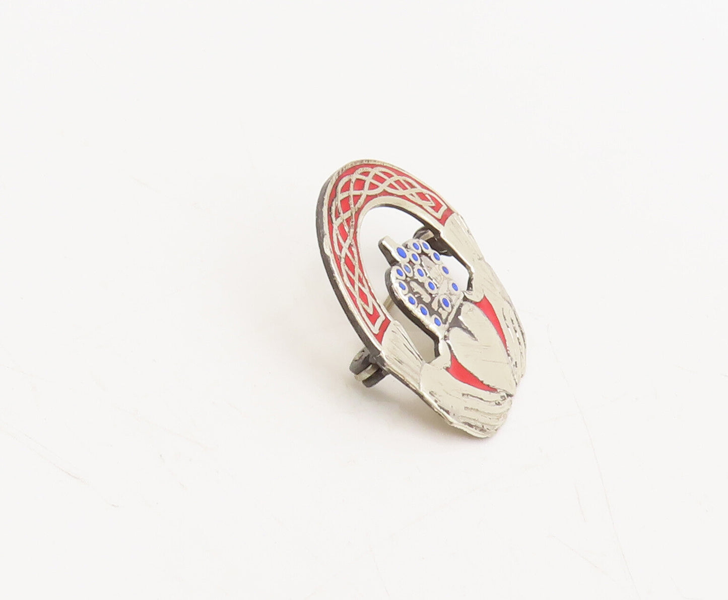 925 Sterling Silver  Vintage Red & Blue Enameled Claddagh Brooch Pin  BP10436