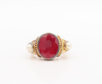 925 Sterling Silver Vintage Ring Gold Plated Oval Ruby & Pearls  Sz 6.5  RG29527