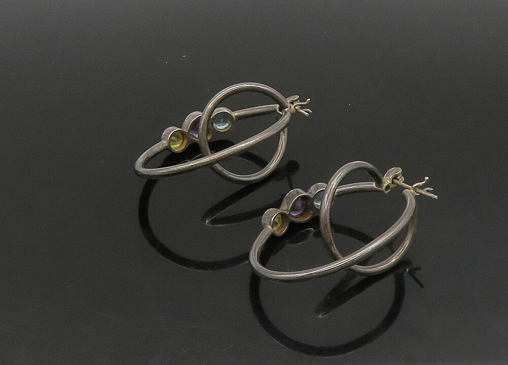 925 Sterling Silver  Vintage Topaz Amethyst & Citrine Hoop Earrings  EG11412