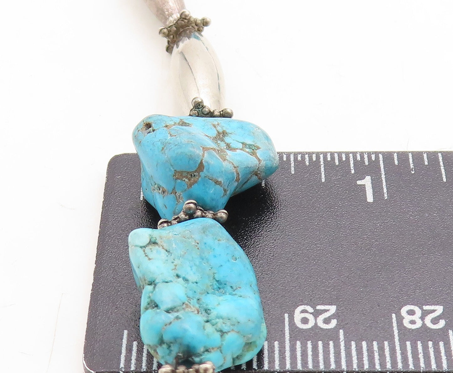 925 Sterling Silver  Vintage Rough Turquoise Barrel Bead Chain Necklace NE1040