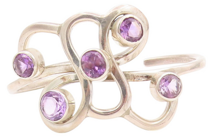 925 Sterling Silver Vintage Bracelet MEXICO Brutalist Amethyst Cuff  BT11227