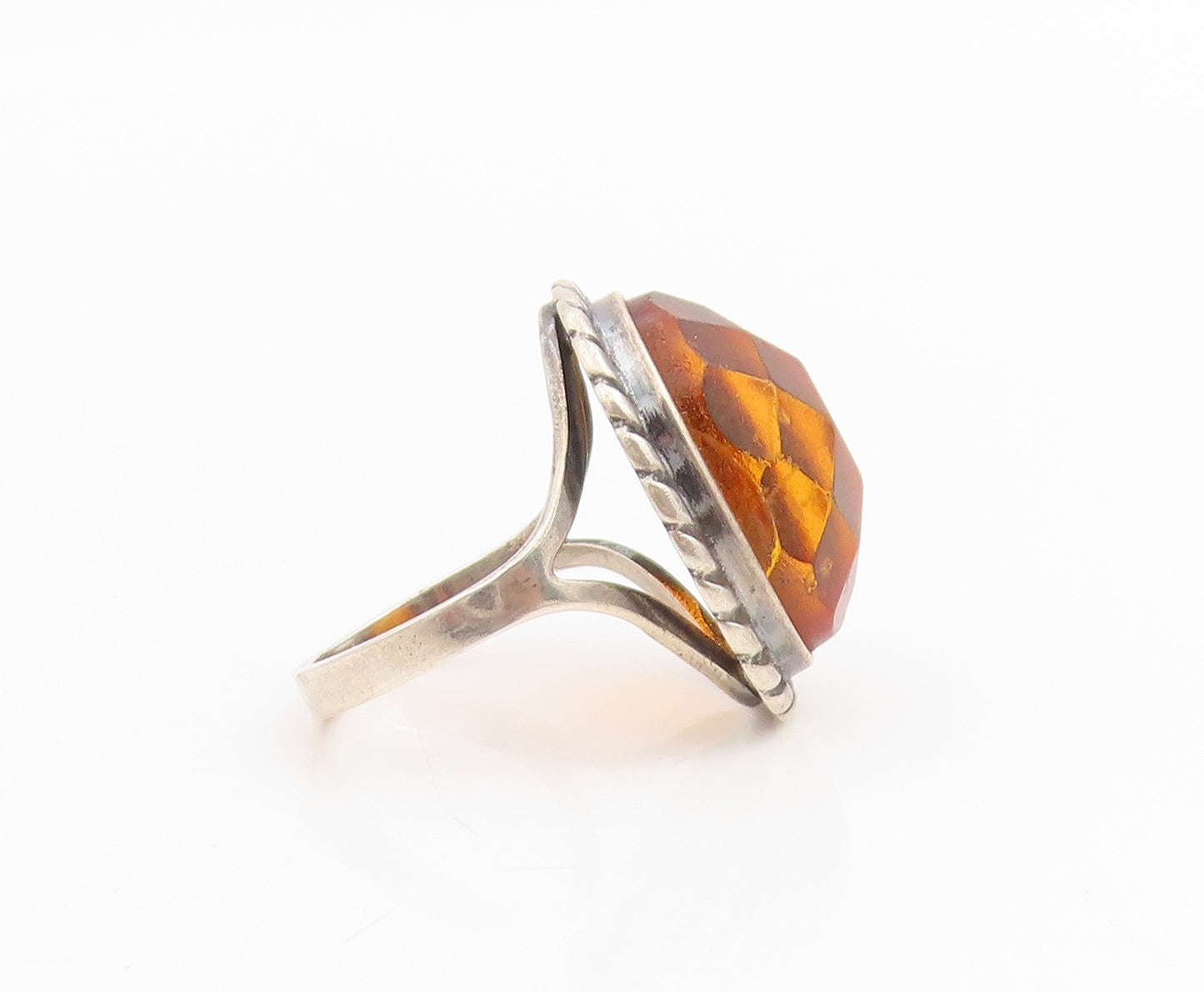 925 Sterling Silver Vintage Ring POLAND Faceted Amber Rope Border  Sz 6  RG34771