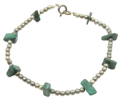 925 Sterling Silver  Vintage Malachite Beaded Smooth Chain Bracelet  BT5916