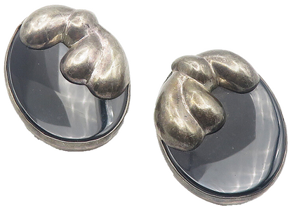 TURE 925 Sterling Silver  Vintage Black Onyx Bow Non Pierce Earrings  EG6061