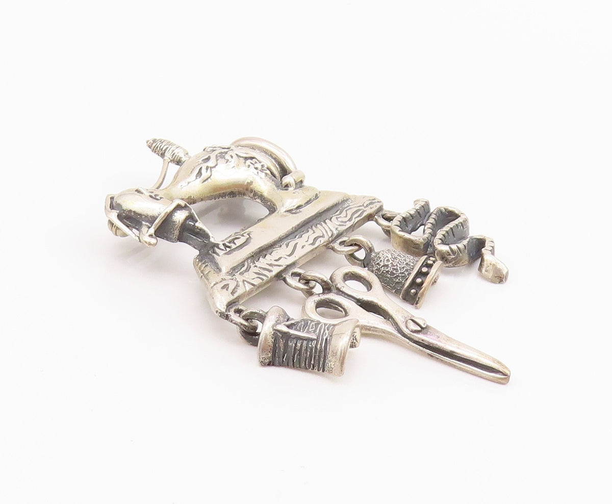 925 Sterling Silver Vintage Brooch Sewing Machine With Dangling Charms  BP11686