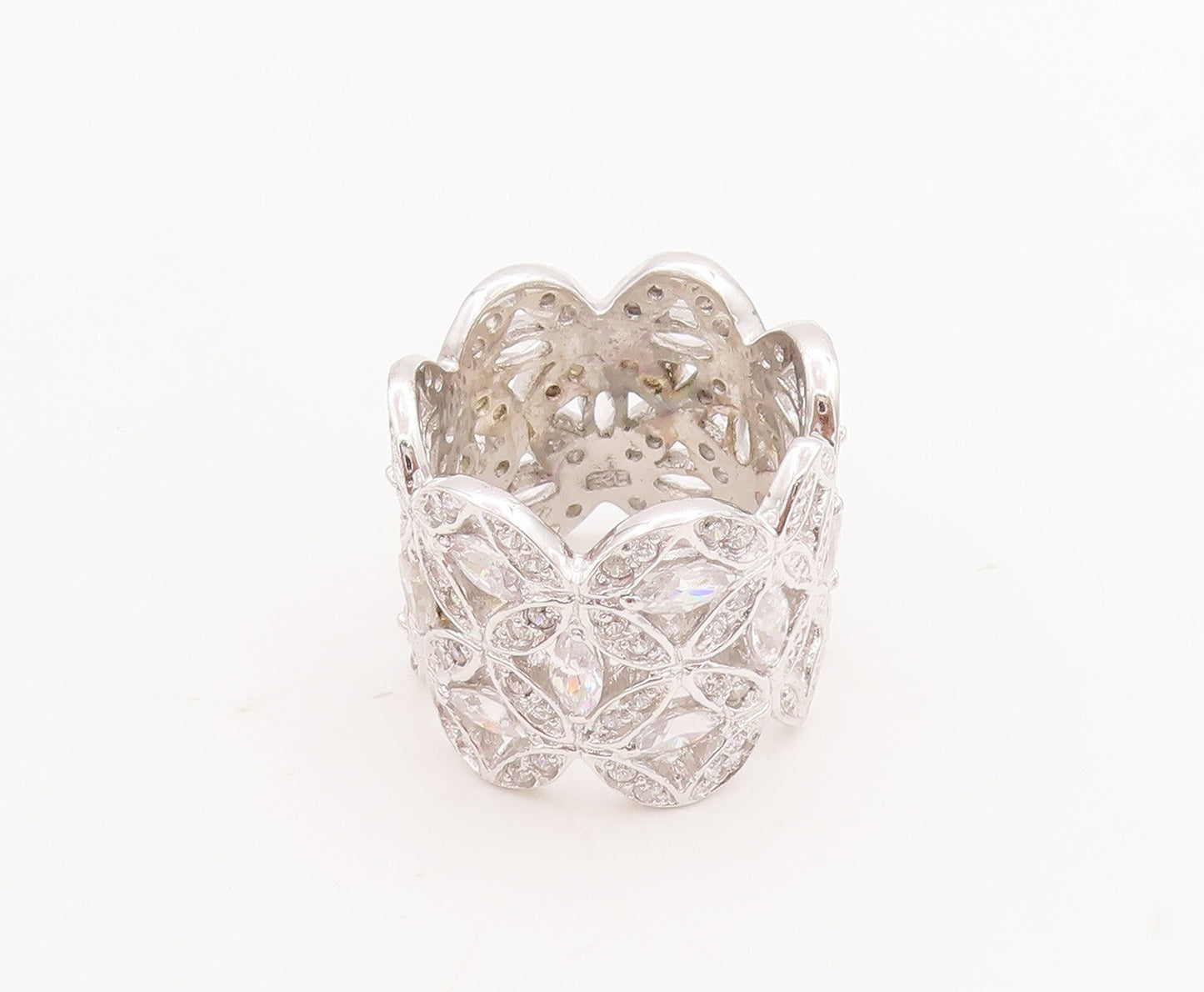 925 Sterling Silver Vintage Ring Broad Band Floral Cutout CZ Inlay Sz 7  RG29032