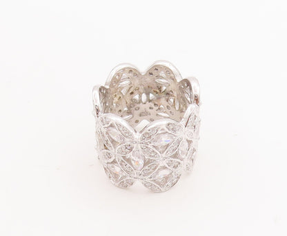 925 Sterling Silver Vintage Ring Broad Band Floral Cutout CZ Inlay Sz 7  RG29032