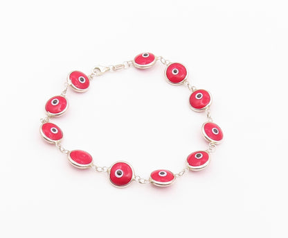 925 Sterling Silver  Vintage Red Evil Eye Protection Chain Bracelet  BT9403