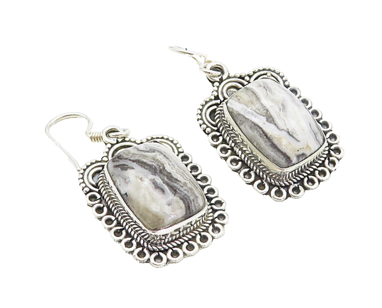 925 Sterling Silver  Vintage Cabochon Cut Grey Agate Dangle Earrings  EG3224