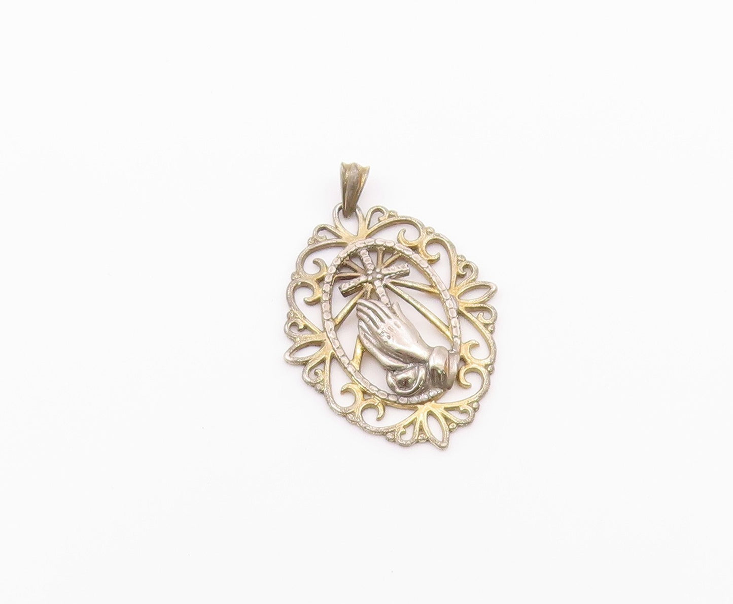 925 Sterling Silver  Vintage Two Tone Prayer Hands & Cross Pendant  PT17794