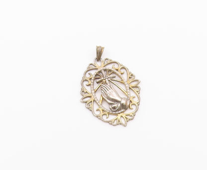 925 Sterling Silver  Vintage Two Tone Prayer Hands & Cross Pendant  PT17794