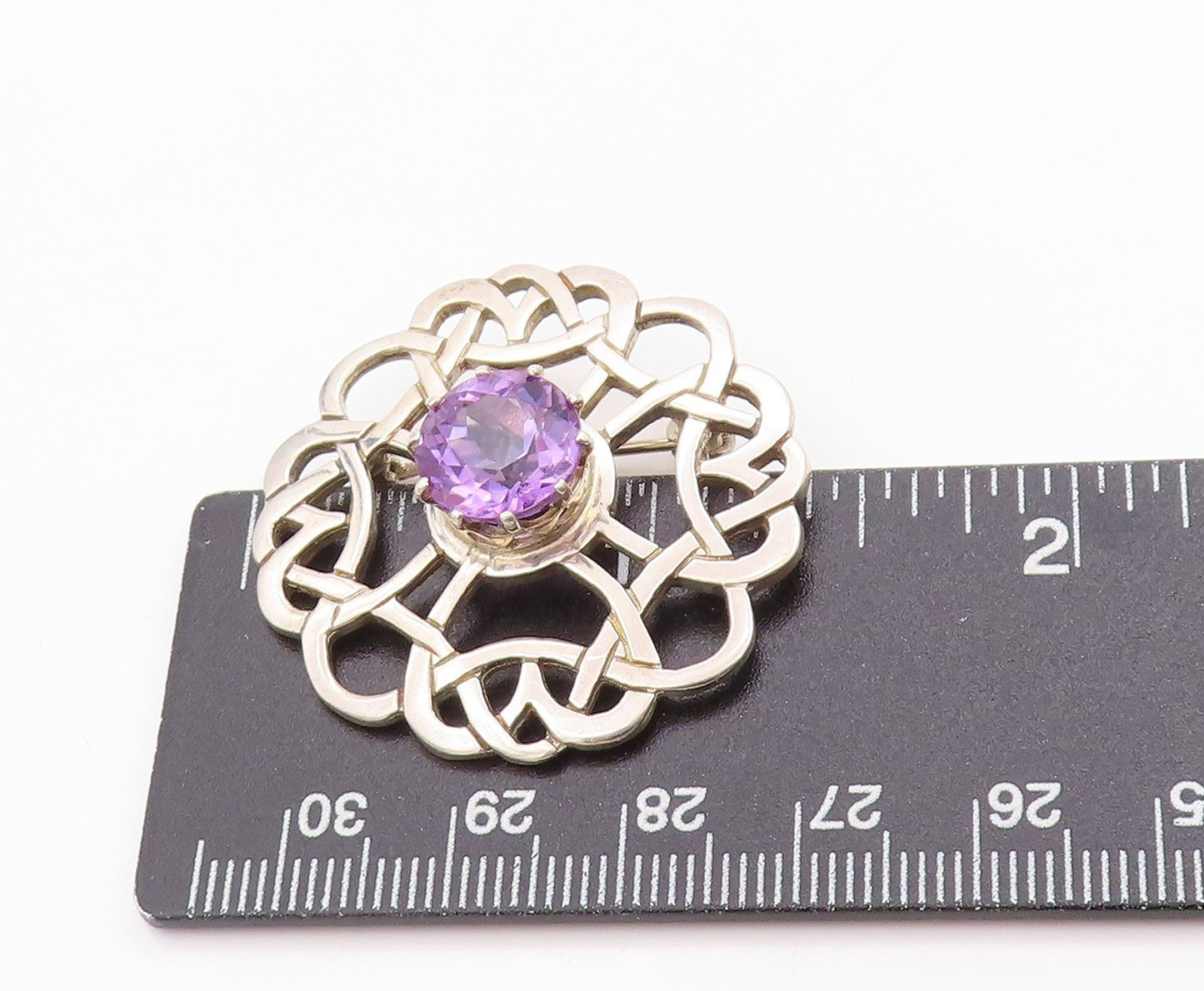 925 Sterling Silver Vintage Brooch Faceted Amethyst Celtic Cut Out Pin  BP11845