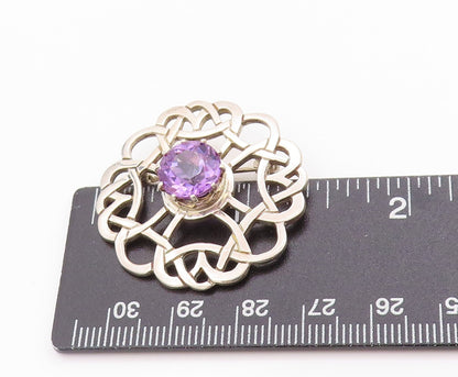 925 Sterling Silver Vintage Brooch Faceted Amethyst Celtic Cut Out Pin  BP11845