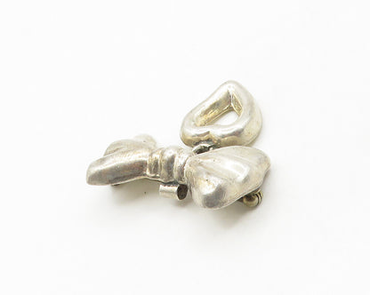 MEXICO 925 Silver  Vintage Shiny Ribbon Bow& Love Heart Brooch Pin  BP7111