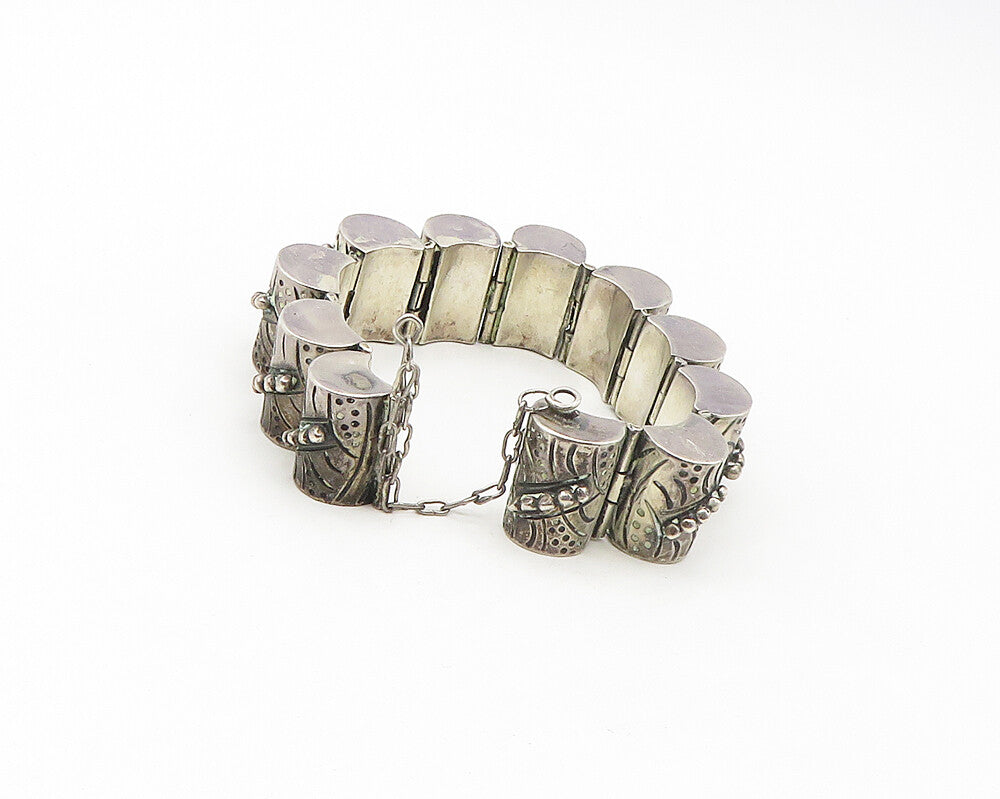 MEXICO 925 Silver Vintage Hollow Etched Dome Hinge Chain Bracelet BT6673