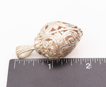 925 Sterling Silver Vintage Pendant Puffed Floral Carved Openwork  PT22979