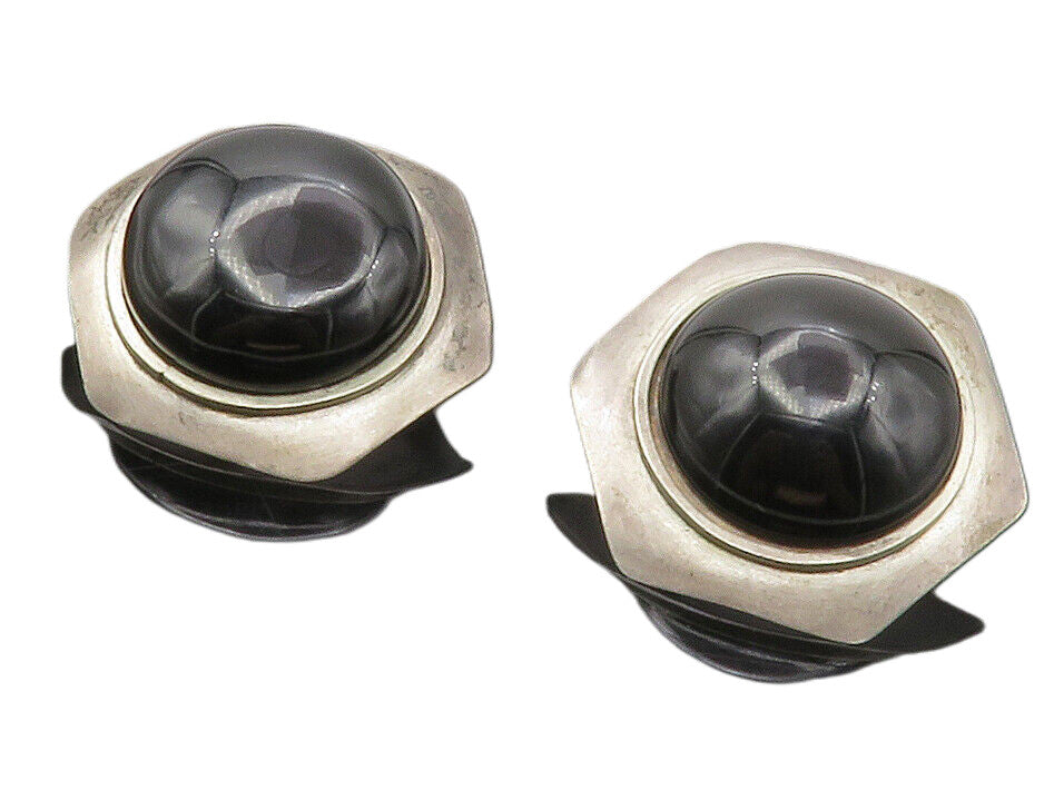 925 Sterling Silver  Vintage Cabochon Black Onyx Hexagon Drop Earrings  EG6347