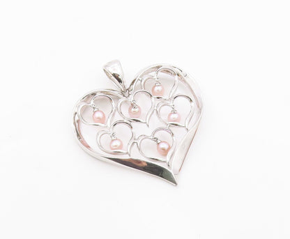 925 Sterling Silver  Dangling Pink Pearls Open Love Hearts Pendant  PT7919
