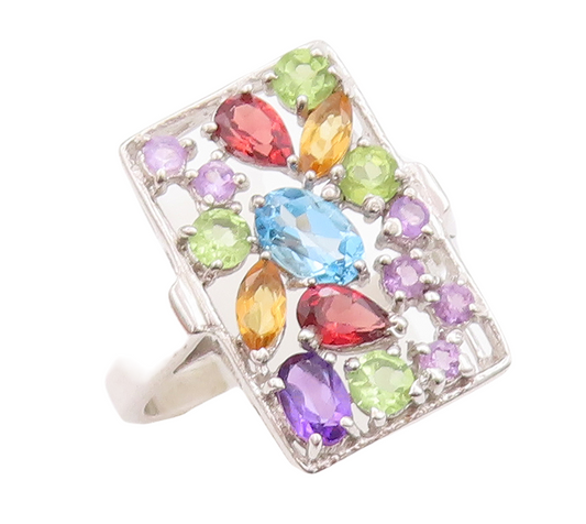 925 Sterling Silver Vintage Ring Rectangle Framed Multicolor Topaz Sz 8 RG29533