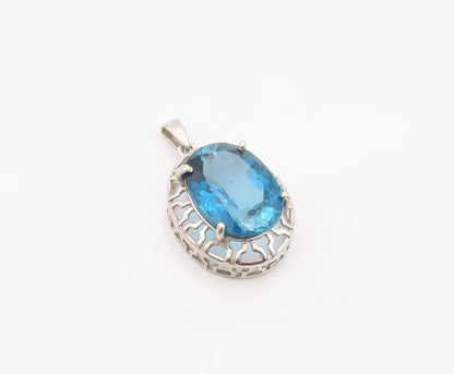 925 Sterling Silver Vintage Pendant Modernist Oval Cut Blue Topaz Charm  PT26336