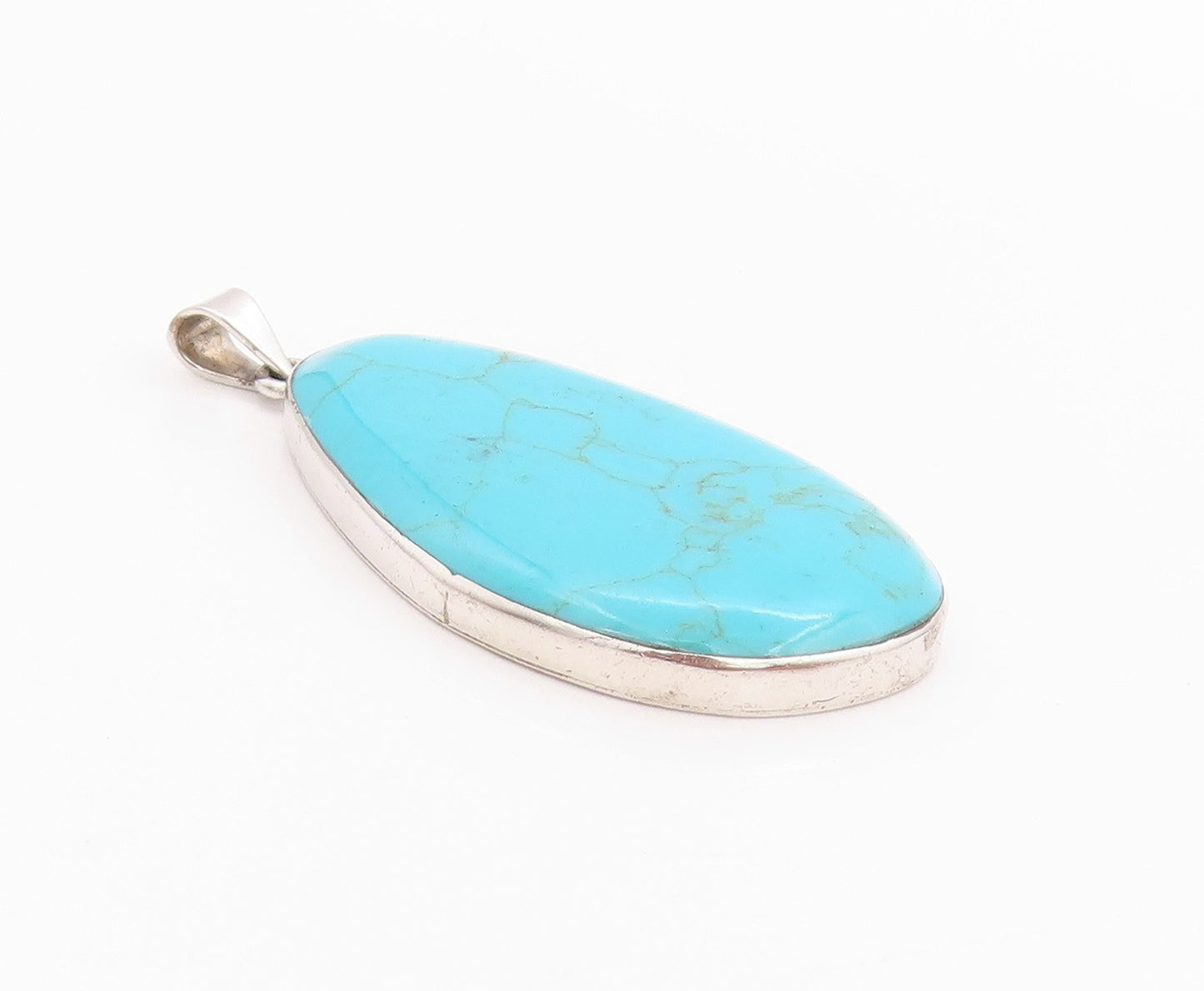 925 Sterling Silver Vintage Pendant MEXICO Large Cabochon Turquoise  PT24467
