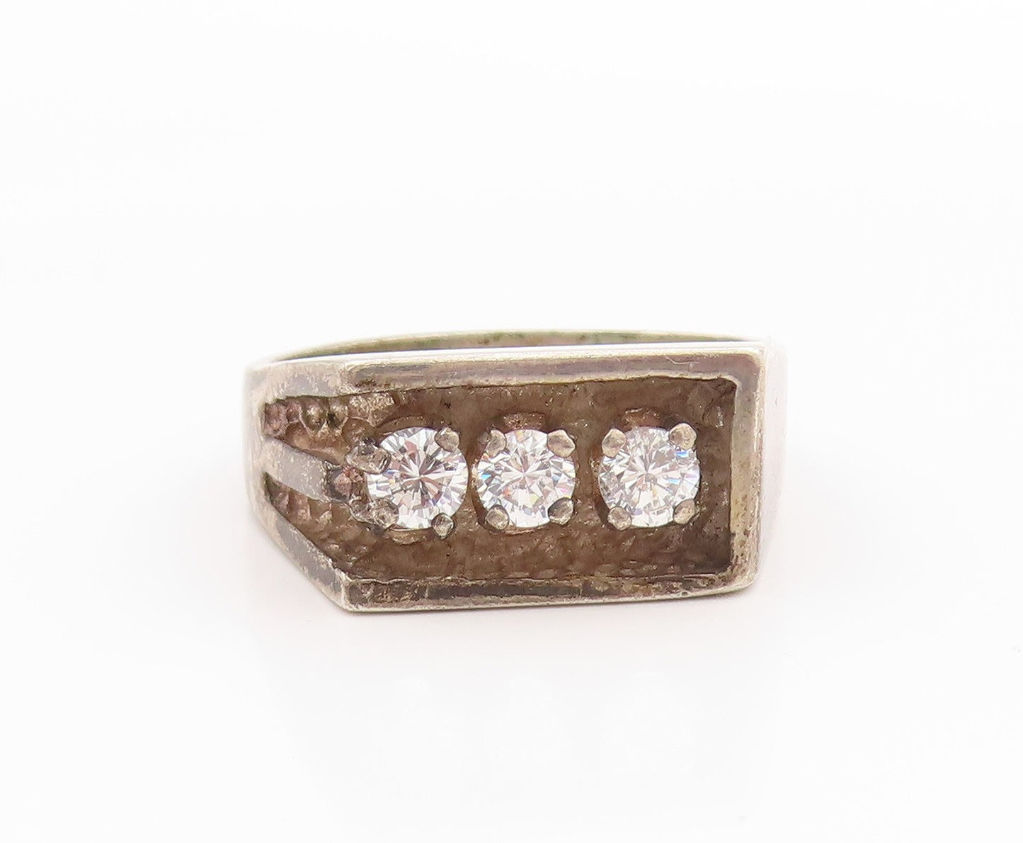 925 Sterling Silver Vintage Ring Three Stone CZ Rectangular Band  Sz 10  RG33545