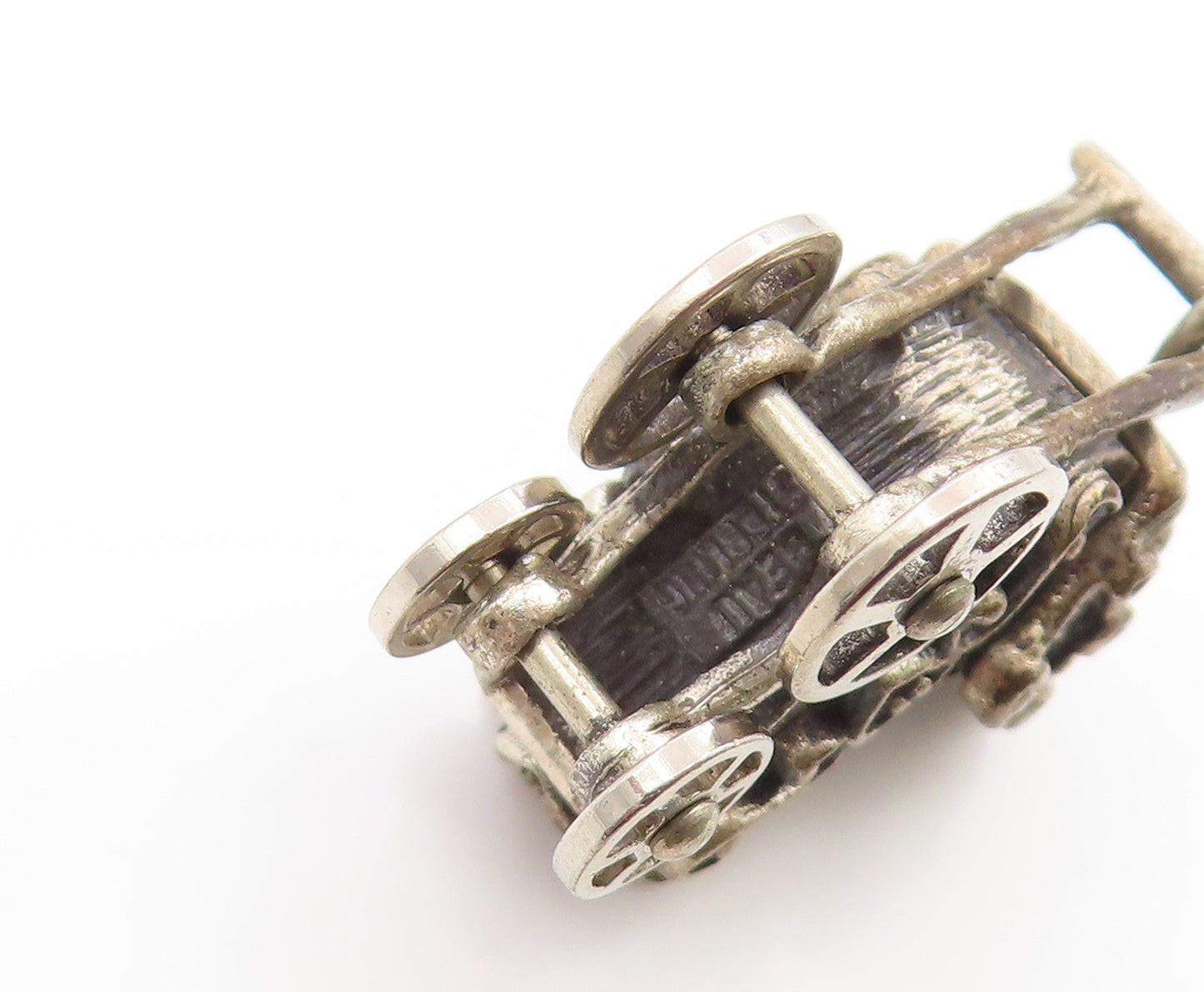 925 Sterling Silver Vintage Pendant BEAU 3D Baby Stroller Charm MOVES  PT26269