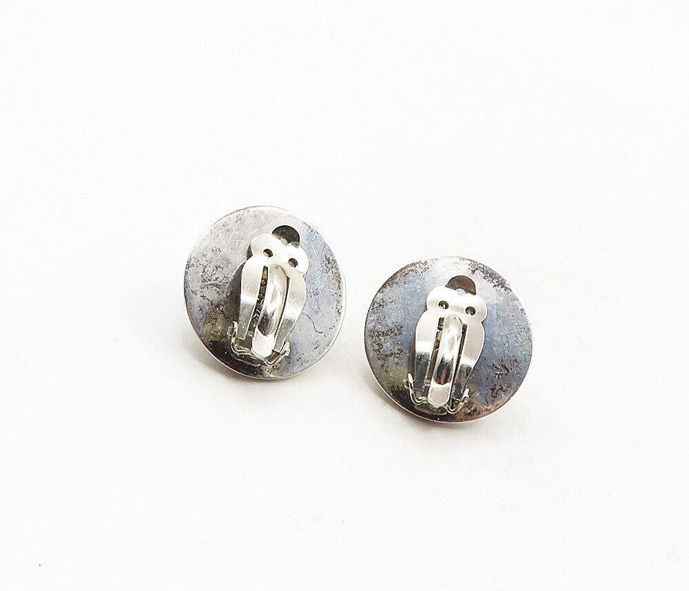 MEXICO 925 Silver  Vintage Black Onyx Shiny Dome Non Pierce Earrings  EG4792