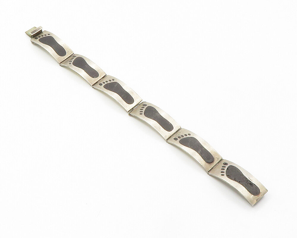 MEXICO 925 Silver  Vintage Black Onyx Footprints Hinge Chain Bracelet  BT5385