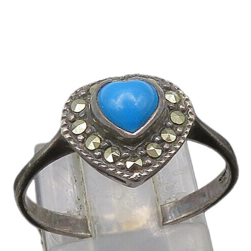 925 Silver  Vintage Turquoise & Marcasite Love Heart Band Ring Sz 8  RG21288