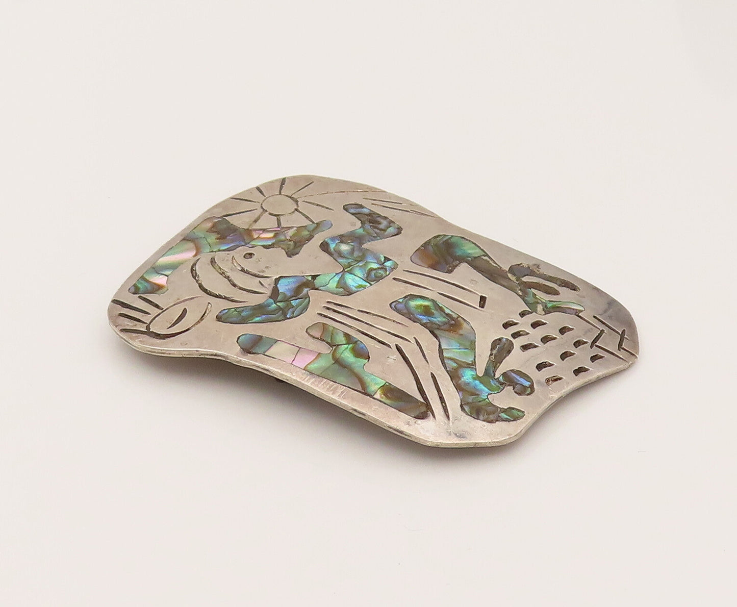 TAXCO 925 Sterling Silver Vintage Etched Background & Abalone Brooch Pin BP10225