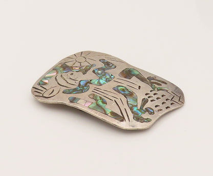TAXCO 925 Sterling Silver Vintage Etched Background & Abalone Brooch Pin BP10225