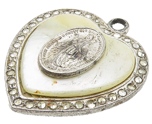 925 Silver  Vintage Antique Mother Of Pearl & Marcasite Heart Pendant  PT12169