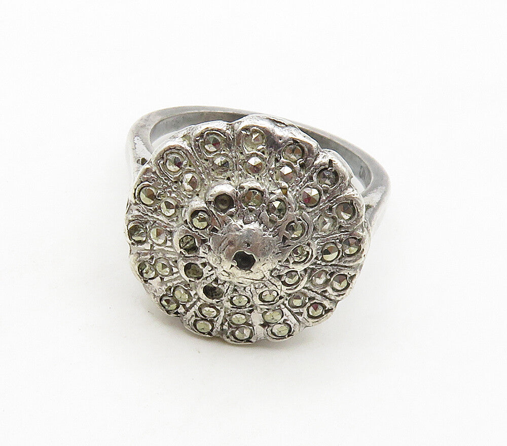 925 Sterling Silver  Vintage Sparkling Floral Dome Band Ring Sz 6.5  RG15559