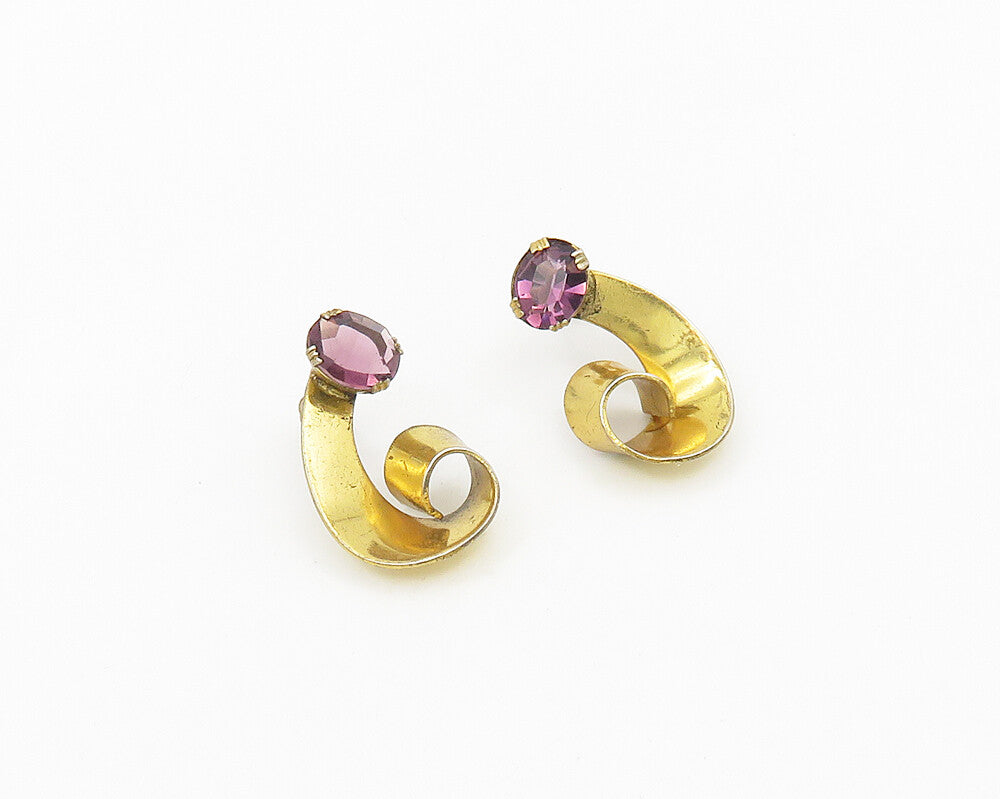 925 Sterling Silver  Vintage Amethyst Shiny Ribbon Non Pierce Earrings  EG9345