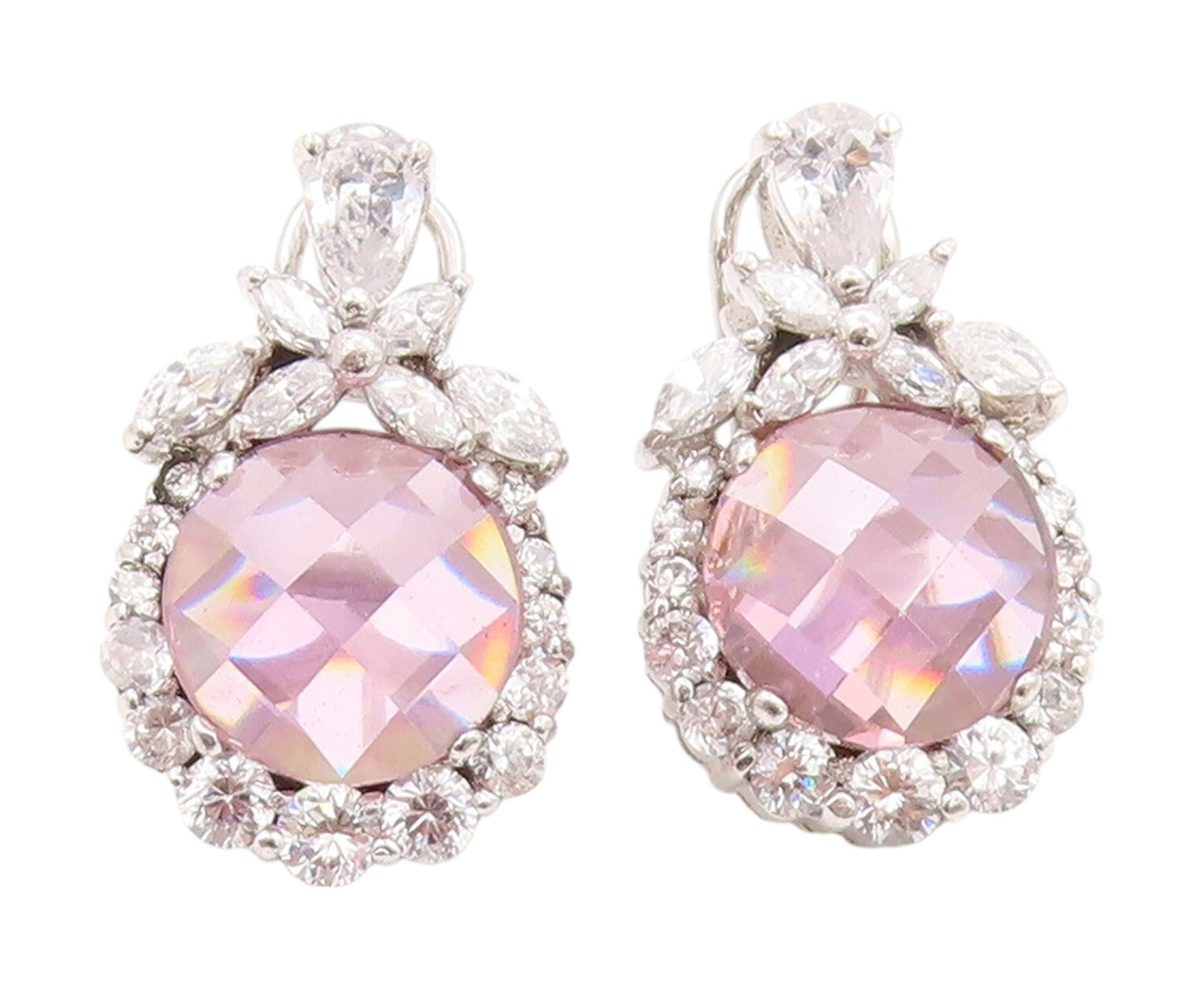 925 Sterling Silver Vintage Earrings Round Pink & White CZ Floral Design EG13396